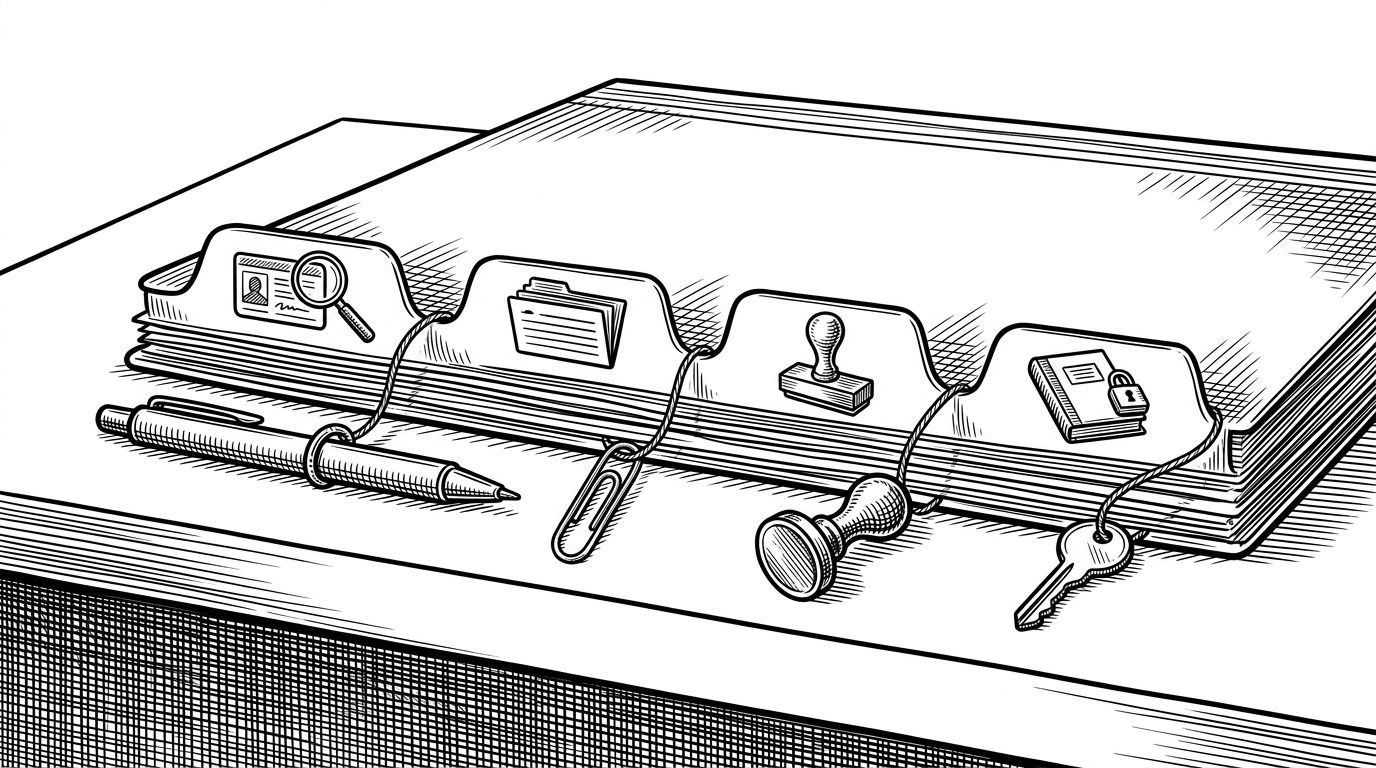 A close-up of a case file on a desk, divided into tabs for identity, retrieval, action, and audit. Each tab has a different tool attached to it, including a magnifying glass, index cards, a rubber stamp, and a lock. The image explains how one customer request is broken into specialized stages.