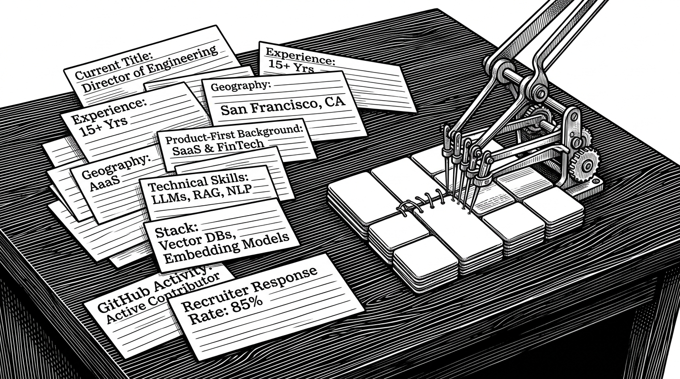 A close-up editorial illustration of one candidate dossier assembled from modular cards. On one side are raw attributes such as title, years of experience, geography, niche skills, and platform signals. On the other side, those signals are stitched into a compact reasoning line that looks assembled rather than generated. It explains how structured features become a human-readable justification.