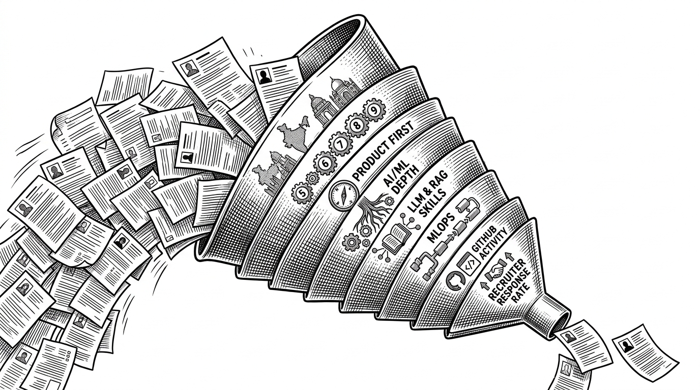 A wide editorial illustration of a paper funnel that accepts hundreds of resume sheets and releases only a few through a narrow opening. The funnel is built from visible filters that suggest geography, experience, product background, domain depth, and platform trust signals. It explains that the system is selective by design, not neutral by default.