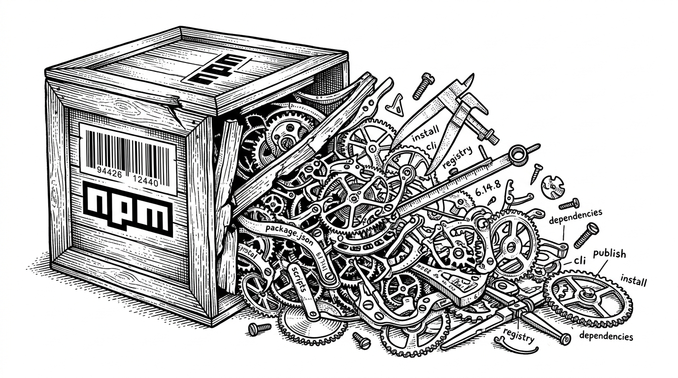 A wooden shipping crate stamped with an 'npm' style barcode that has split open. Tumbling out of the crack is a highly detailed, intricate clockwork mechanism of interlocking gears, levers, and measuring calipers, spilling onto a pristine white table.
