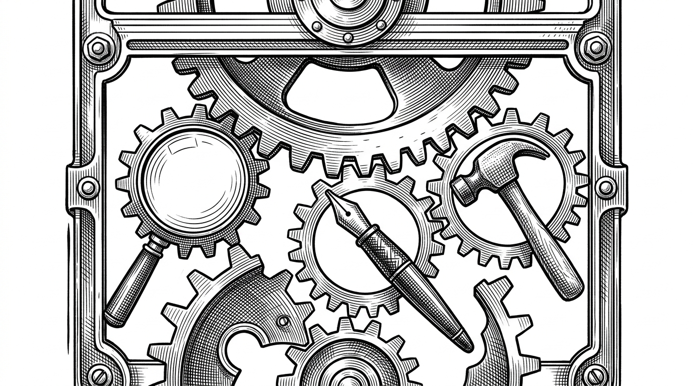 A close-up of a large, heavy iron main gear. Meshed into its teeth are three smaller, highly specialized gears (one shaped like a magnifying glass, one like a pen, one like a hammer). A thick, rigid metal frame encloses the entire assembly, keeping them perfectly aligned.