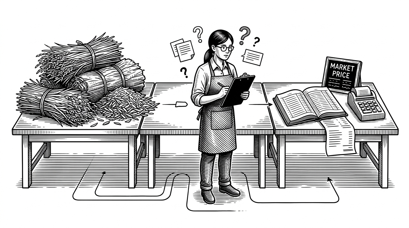 A wide editorial scene shows a farmer at a workbench split into three stations. Crop residue sits on the left, a question-driven assistant occupies the middle, and a ledger with calculator and market board fills the right side. The composition explains that AgriGain turns agricultural waste into a decision pipeline instead of a freeform chatbot.
