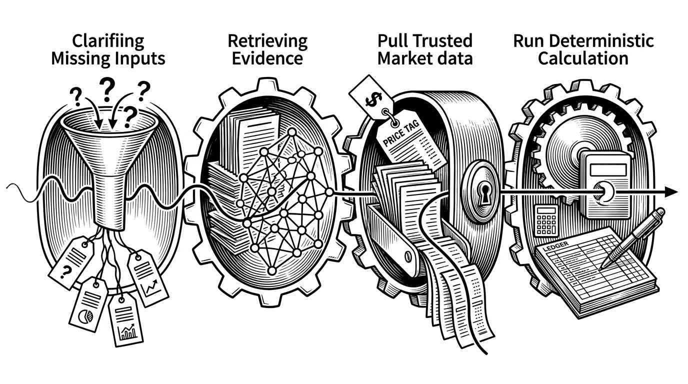 A close-up mechanical relay moves a signal through four chambers. Each chamber represents one stage of the system: clarify missing inputs, retrieve evidence, pull trusted market data, and run deterministic calculation. The image explains that AgriGain is a handoff system, not a single monolithic model.