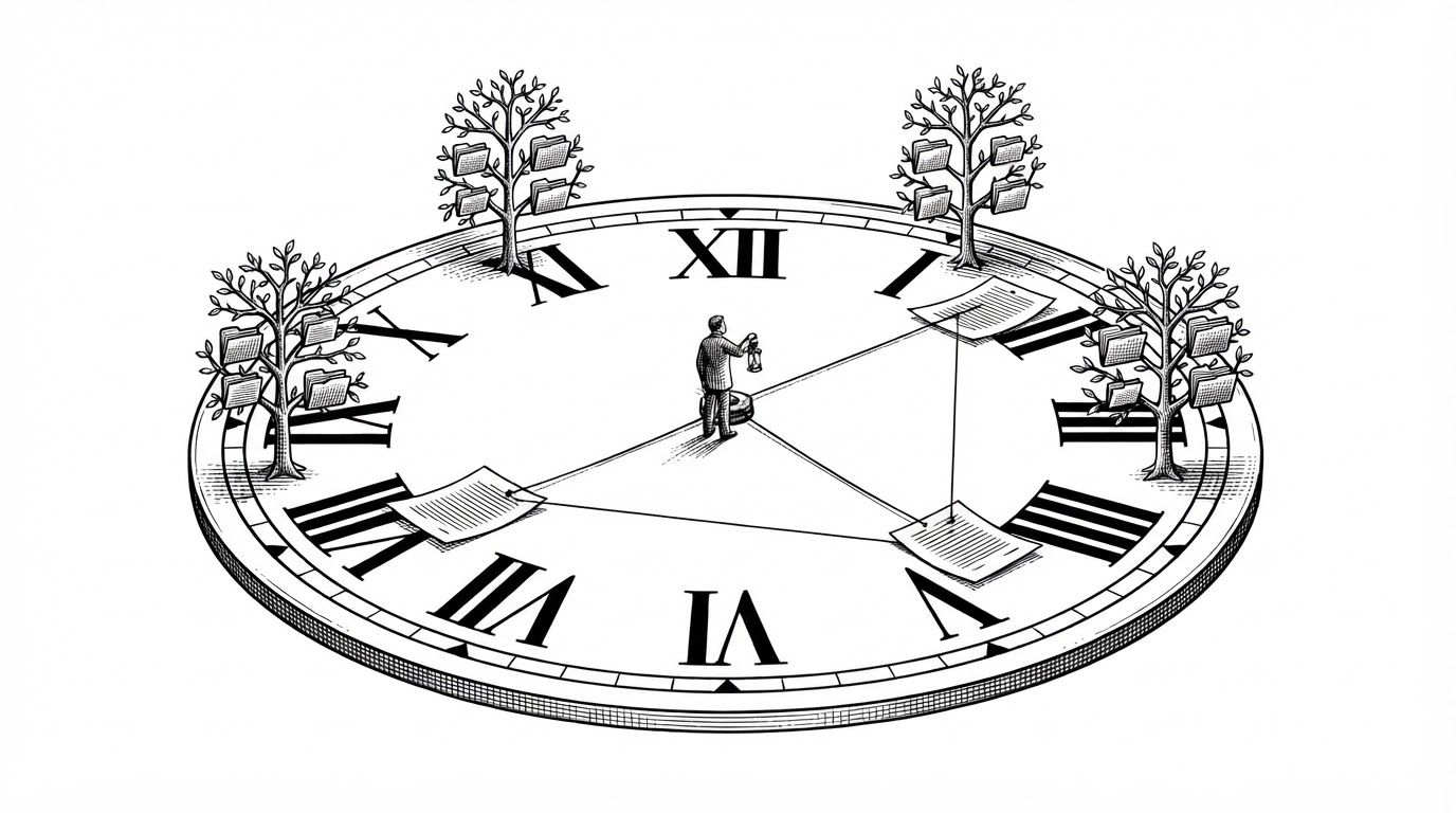 A wide editorial illustration of a giant clock face lying flat like an architectural floor plan, with small directory trees standing upright at four different hours and a single sheet of paper resting at three hours at once, connected by a taut thread. It visualizes the core idea of ChronoFS: time as navigable space and one object existing at many moments.