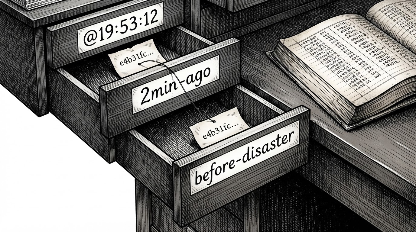 A close-up editorial illustration of three open card-catalog drawers pulled out at different depths, each labeled with a time in hand-lettered script, and each holding a slip of paper bearing the identical hash string. A taut thread runs from slip to slip, and a ledger page beside the drawers shows a column of hex characters. It explains how content addressing lets one block serve many versions.