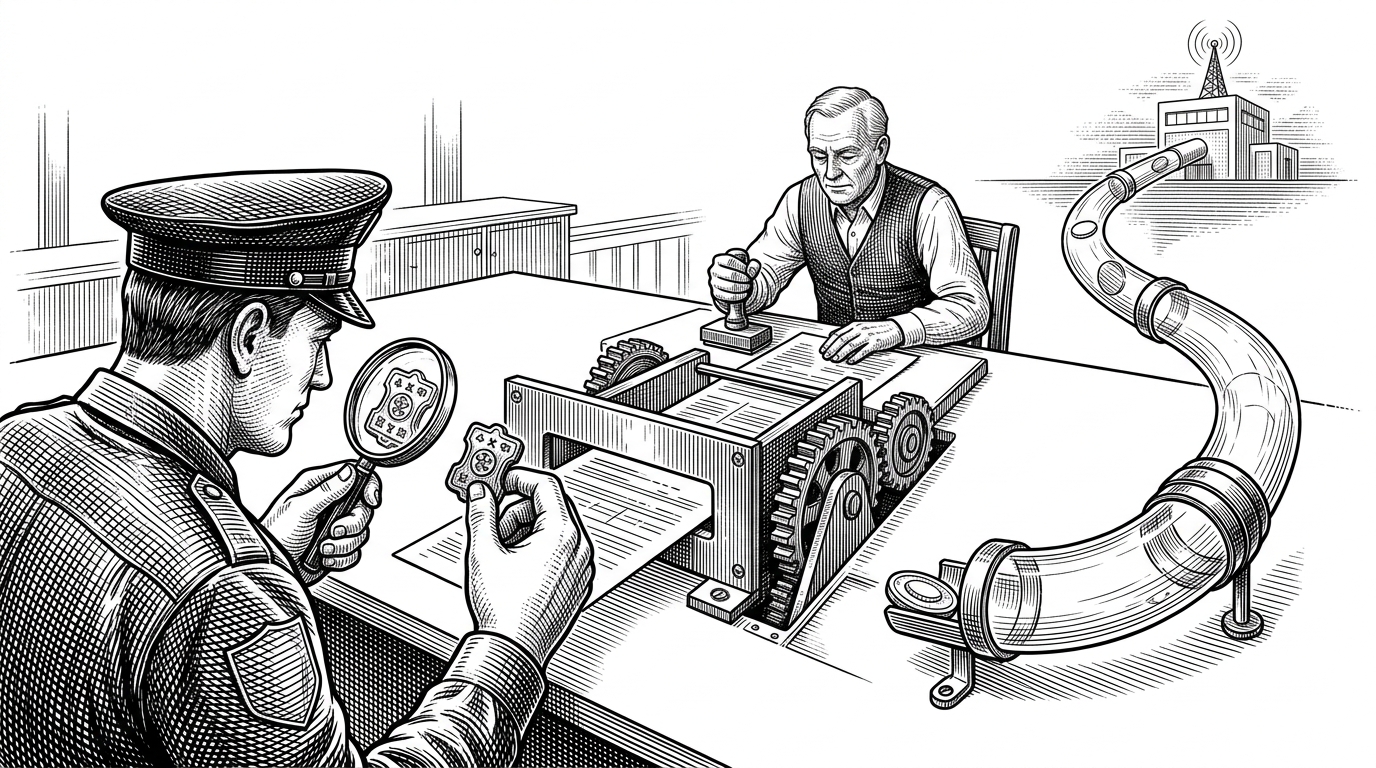 A close-up of a patient record being stamped, passed through a rigid billing aperture, and then released into a separate tube that carries it away to analytics. A guard in the foreground checks a token before the record can move. The image explains the difference between hard and soft dependencies in the same workflow.