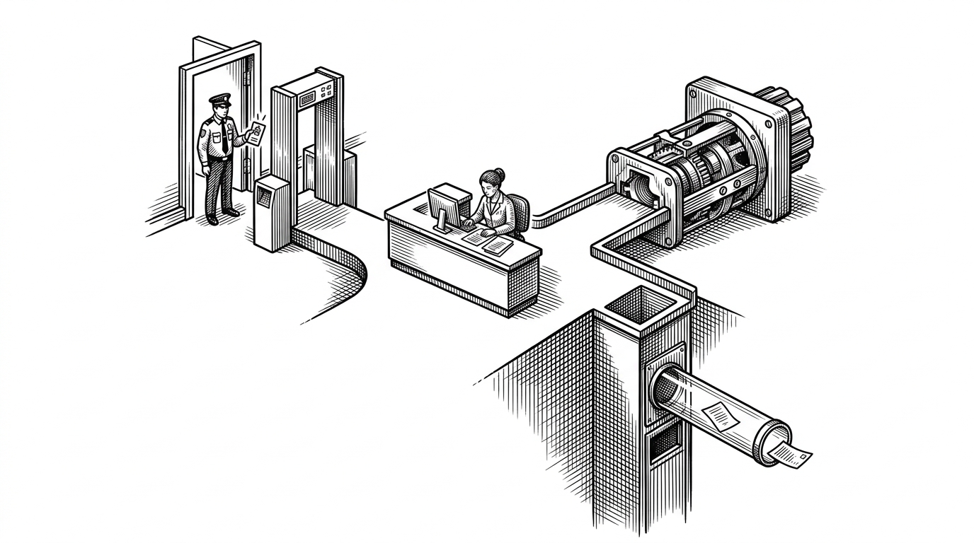 A hospital control room splits one patient intake desk into three distinct channels: a guarded doorway for token checks, a sealed mechanical coupling for billing, and a pneumatic relay for analytics. The scene explains the repo’s central idea that one workflow can use different transports depending on how tightly each dependency must be coupled.