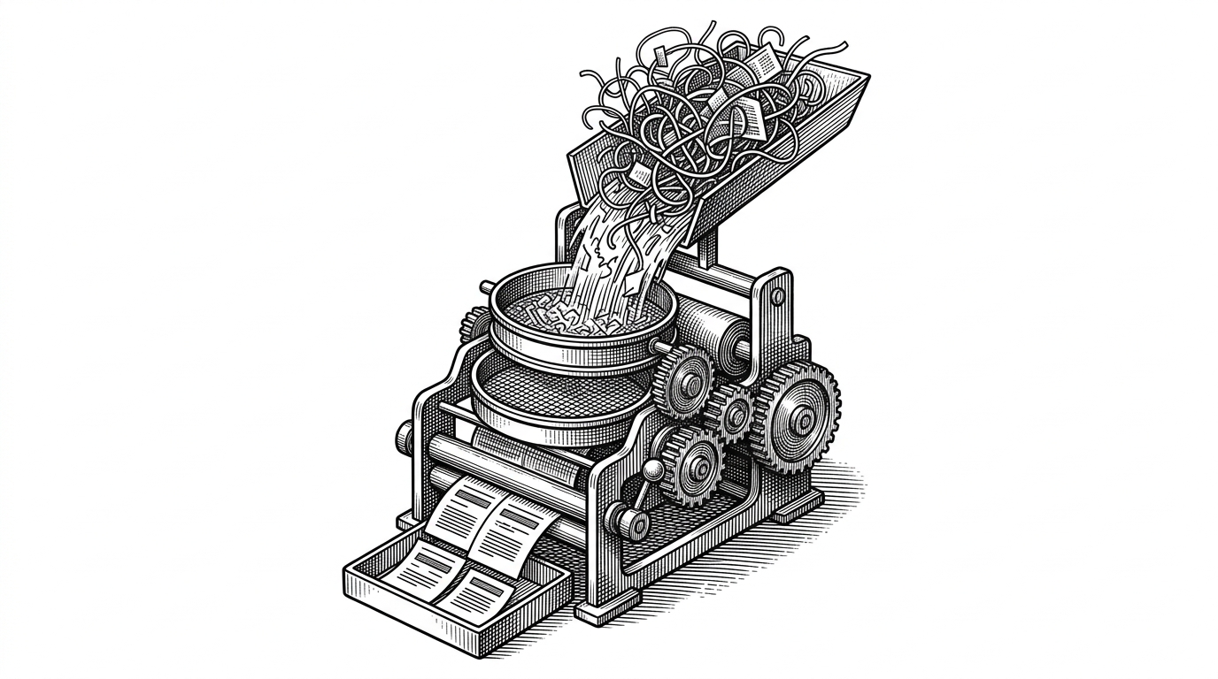 A close-up mechanical scene shows a dense tangle of browser data entering a set of sieves and stampers, then emerging as a few clean output slips. The image explains how formatters and snapshot tools condense raw browser state into model-friendly signals.