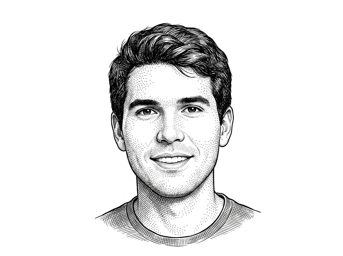 A hedcut-style portrait of Danny Avila, rendered in black ink on white, used here to anchor the LibreChat origin story and the project’s creator-led history.