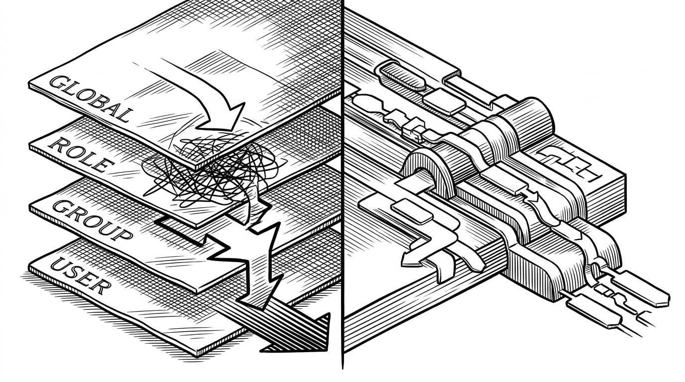 A close-up black-and-white diagram shows schema nodes being unfolded, merged, and translated into form fields. The sequence explains how recursive Zod introspection becomes a live admin UI instead of a static settings page.
