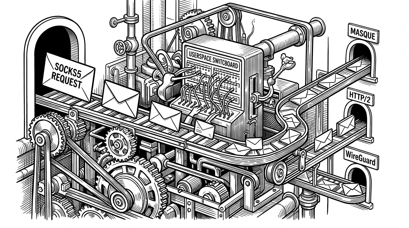 A close-up shows a SOCKS5 request entering a small mechanical workshop. Inside, the request is split into packet-sized pieces, passed across a userspace switchboard, then reassembled and sent out through multiple exits labeled MASQUE, HTTP/2, and WireGuard. The image explains how Aether turns a simple proxy request into a controlled transport pipeline.