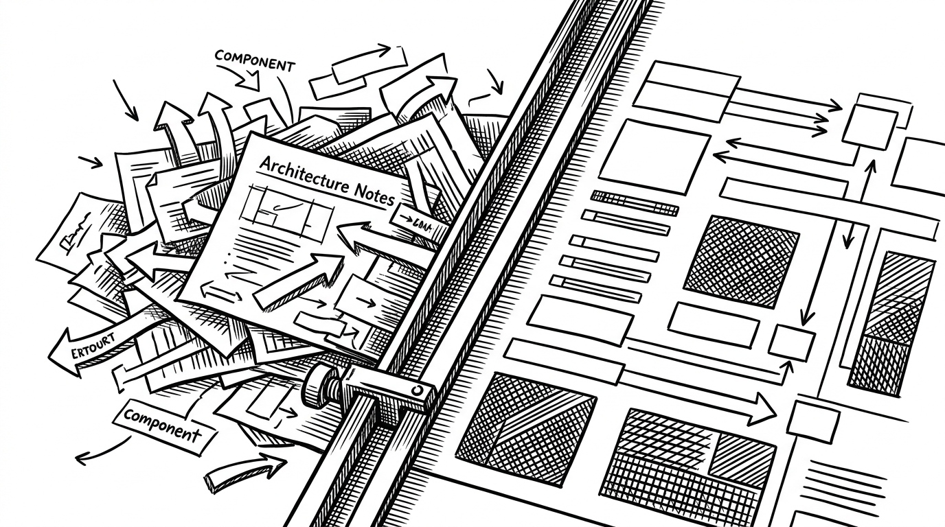 A split close-up shows one side of a messy set of notes and the other side of a disciplined SVG structure with boxes, arrows, and color-coded blocks. The image explains how explicit constraints turn an open-ended prompt into a stable visual system.
