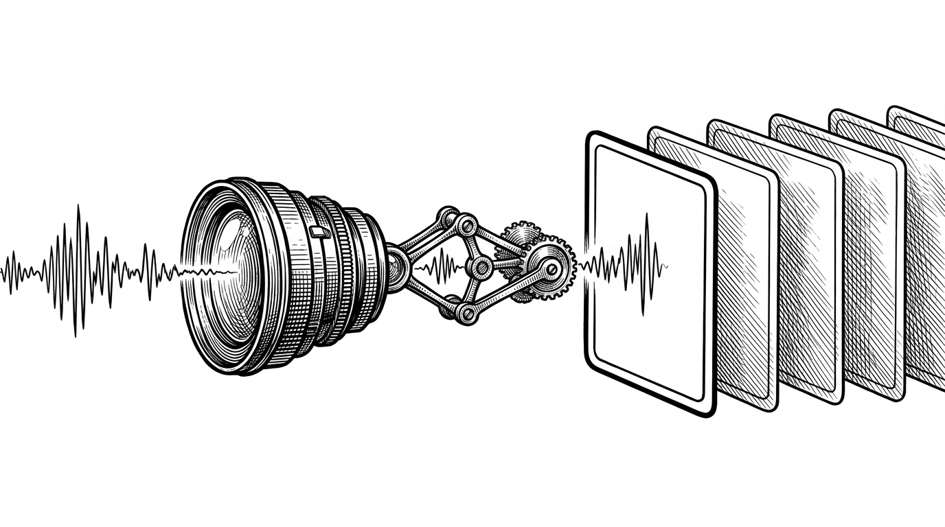 A close-up chain of audio activity runs through a small observer, then through an event bridge, then lights up a single participant card while others dim. The image explains how low-level media events become visible meeting behavior without coupling the media worker directly to the UI layer.