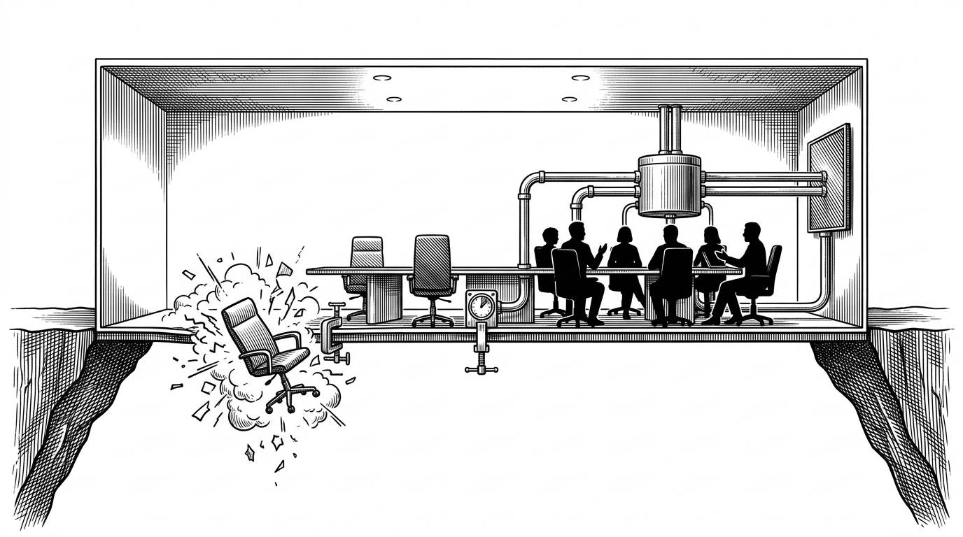 A wide meeting room is split by a thin bridge of signal lines. One participant fades into a temporary gap while the rest of the room stays intact around a central timer. The image explains the repo's core idea: a disconnected user is not deleted immediately, but held in a grace period so the room can recover cleanly.