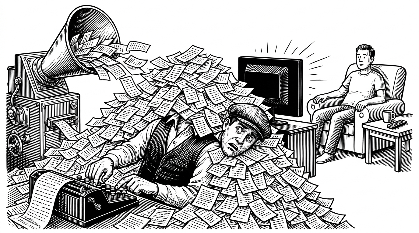 A vintage telegraph operator drowning in identical paper slips, illustrating the chaotic nature of raw, stateless event notifications.