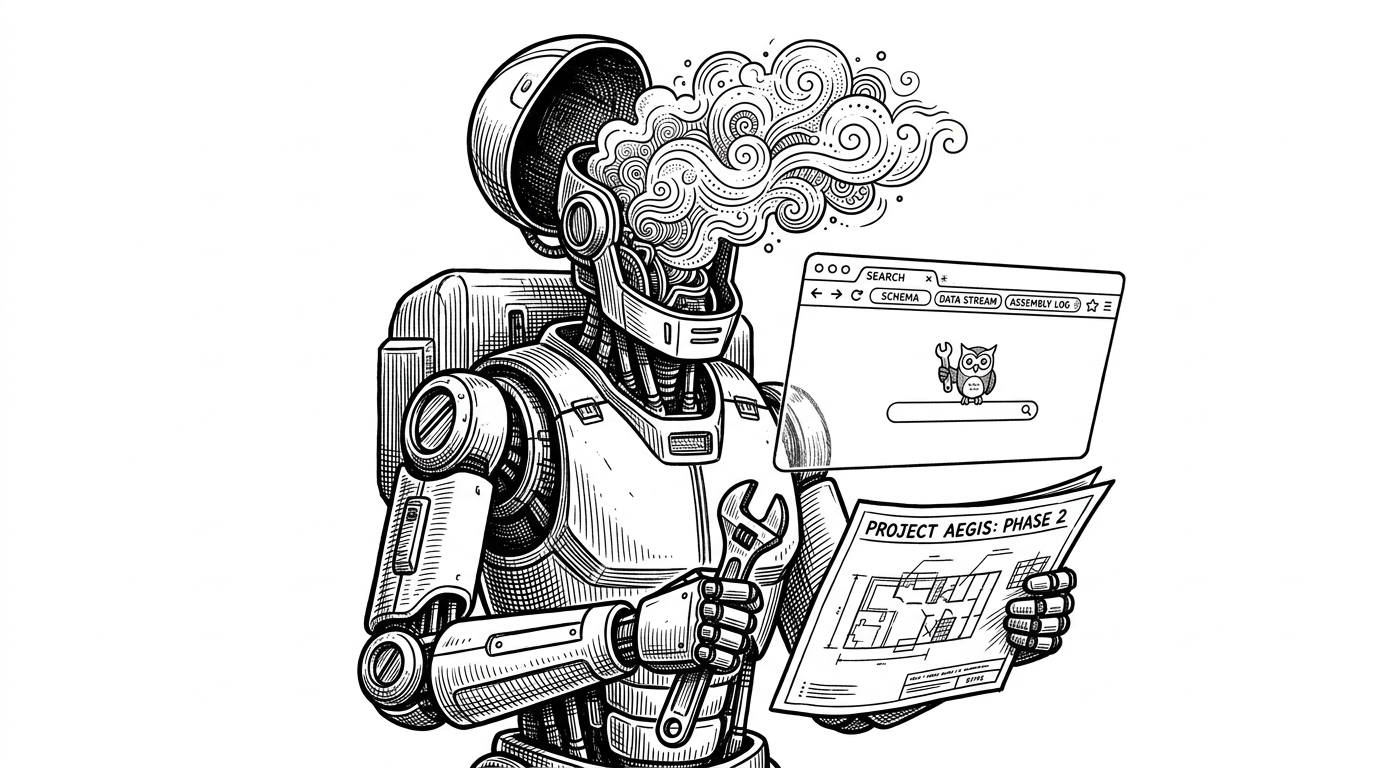 A mechanical exoskeleton with a glowing cloud in its head, holding tools and looking at a virtual screen.