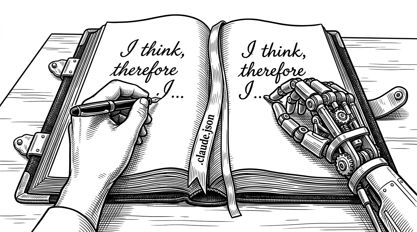 A heavy ledger book being written in by a human hand and a mechanical hand simultaneously.