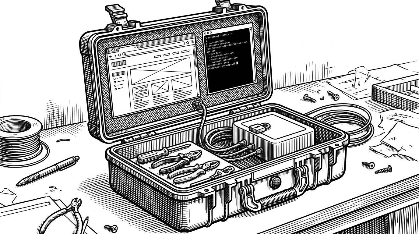 An opened travel case reveals a compact workstation packed with a terminal, browser window, tools, and memory components, all wired together as if the whole environment can be carried from one desk to another. The scene explains that HolyCode is not just an app container, but a portable development setup with state that moves with the user.