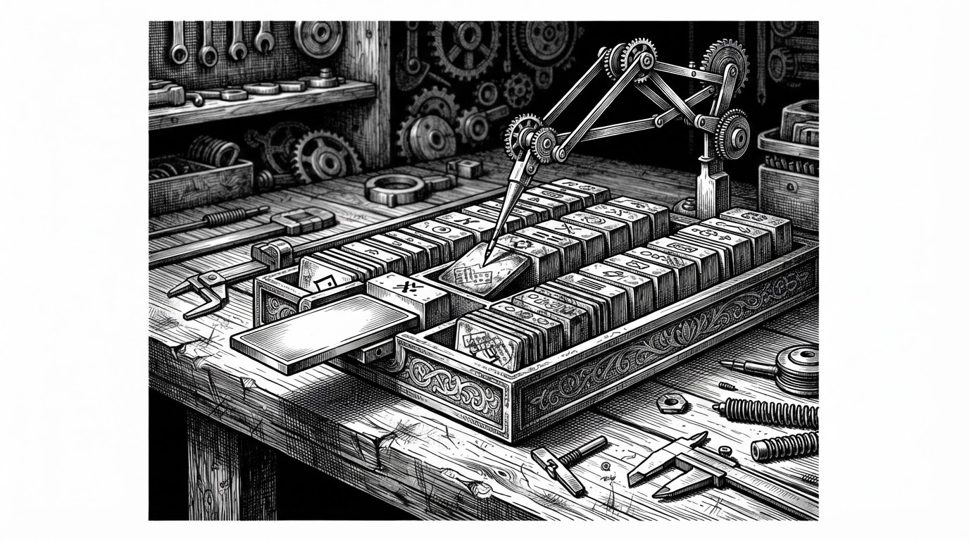 A close-up workbench scene with stacked reusable action tiles in trays and a new state tile sliding into place. A thin scoring arm checks compatibility and points to one tile, while several action tiles are stamped as cached to show reuse across turns.