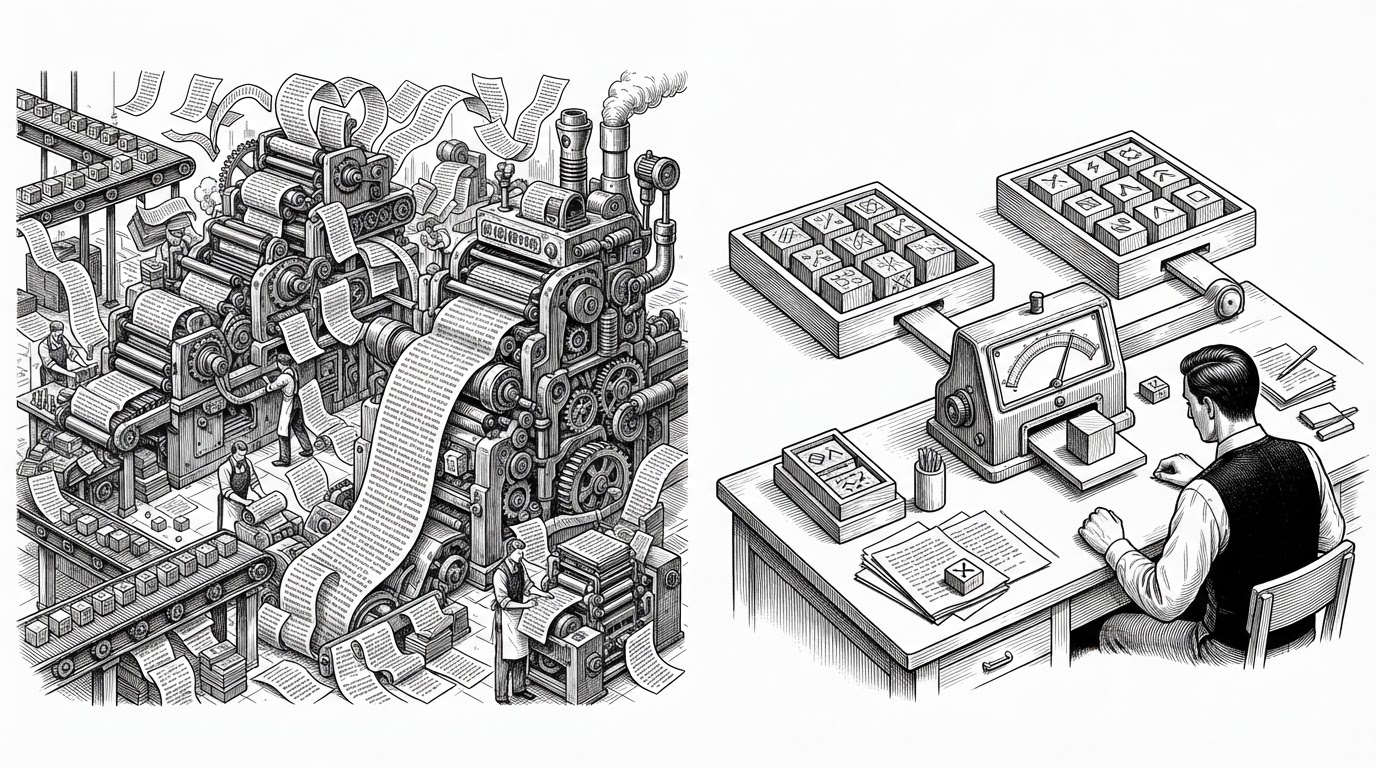 A wide editorial scene split between a noisy text factory and a quiet decision desk. On one side, token conveyors, printers, and tangled paper paths suggest a generation-heavy workflow. On the other, separate trays labeled state and actions feed into a single scoring gauge, showing a system that chooses instead of narrating.