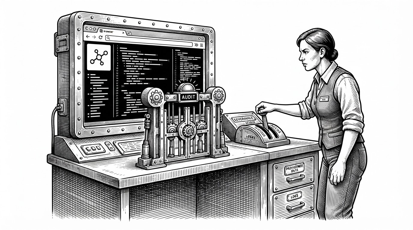 A wide editorial scene of an AI coworker at a controlled workstation, with a browser, file drawer, and policy gate arranged as a single system. A human supervisor stands beside the machine with one hand on a lever, showing that the agent works inside a monitored and interruptible environment.