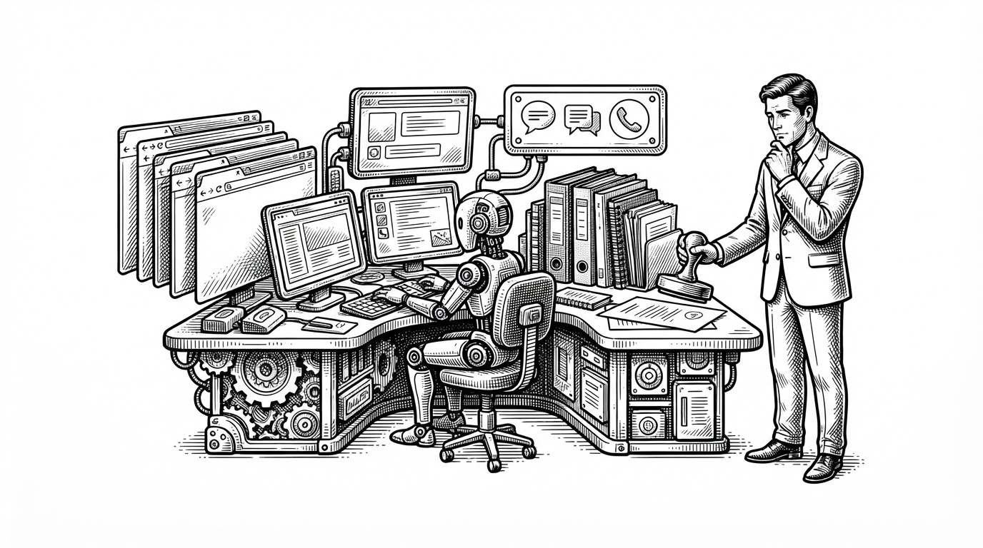 A small AI coworker sits inside a compact workstation with three distinct stations around it: a browser window, a stack of notebooks, and a communications panel with Slack and voice icons. A human boss stands just outside the workstation holding an approval stamp, showing control without constant micromanagement. The scene explains that OpenDots is an operating environment for durable agent work, not just a chat surface.
