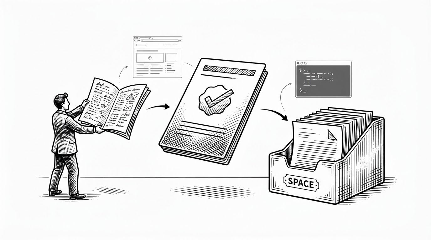 A close-up shows an agent holding a draft on the left, a review card floating in the center, and a saved document landing into a structured workspace on the right. Smaller browser and terminal elements sit in the background, showing that approval sits between tool use and durable storage. The image explains how transient action becomes persisted work.