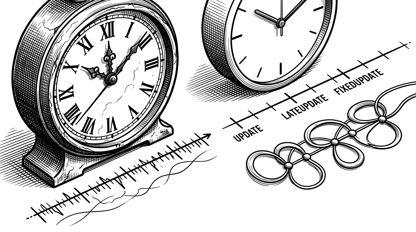 Two clocks sit side by side. One is a system timer with slight drift marks and uneven ticks. The other is a frame clock with clean, repeated beats labeled Update, LateUpdate, and FixedUpdate, with an event chain pinned directly to it. The image explains why R3 treats frames as a native execution context instead of a workaround.