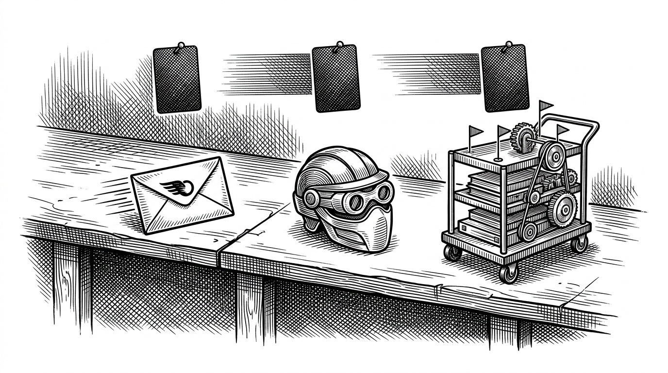 A split workbench shows three tools in sequence: a courier envelope for HTTP, a masked browser helmet for stealth automation, and a rolling cart for crawling. A single element card moves across the bench and stays pinned as the background changes, linking all three modes to the same remembered target.