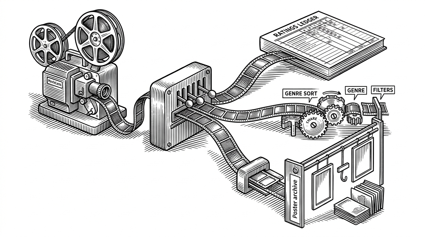 A wide editorial scene shows a movie projector feeding film into a mechanical switchboard that splits into three routes. One route leads to a ratings ledger, one to a genre sorter, and one to a poster archive. The image explains how PopcornIQ turns old movie data into a modern recommendation flow.