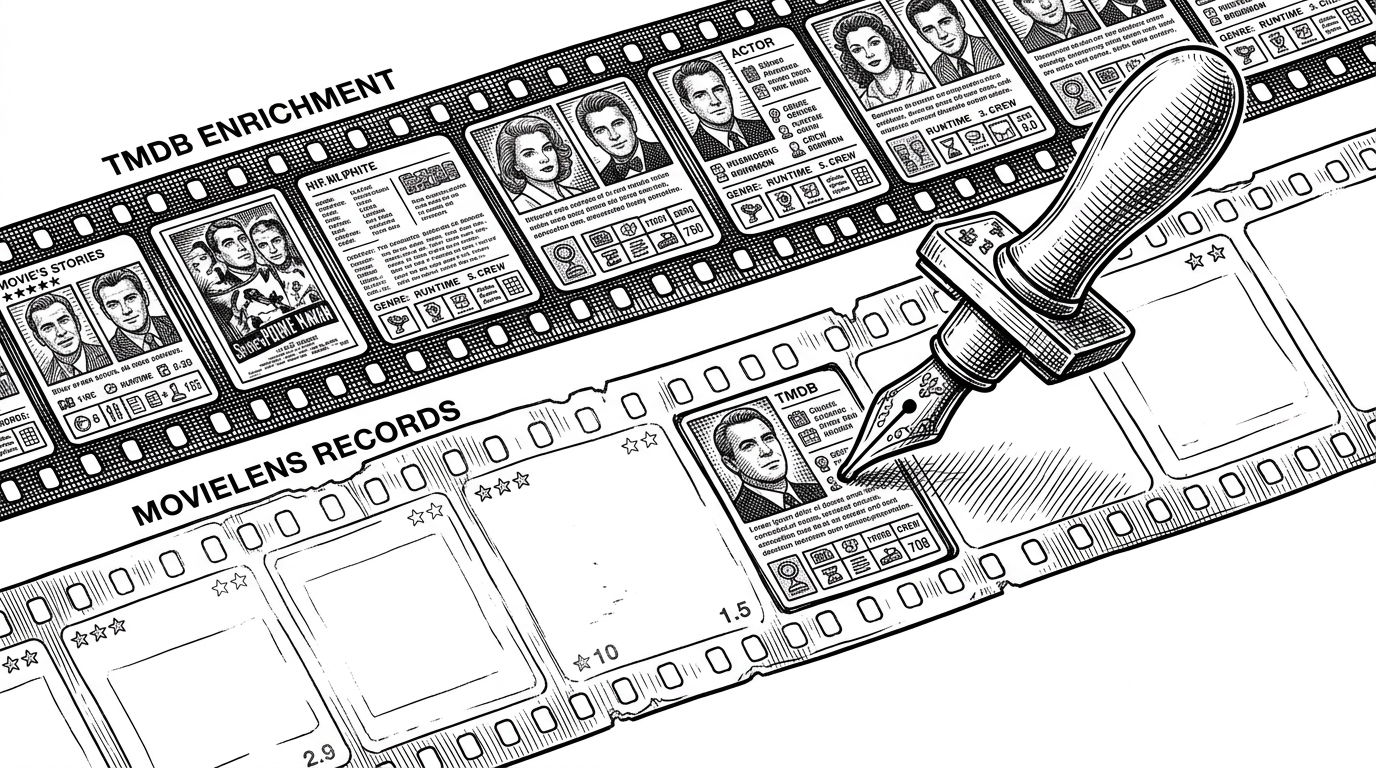 A close-up editorial scene shows two stacked film strips. The bottom strip is faded and bare, representing raw MovieLens rows. The top strip has posters, cast portraits, and metadata panels stamped onto it, while a hand-held tagging tool adds missing fields. The image explains how enrichment turns static records into a richer catalog.