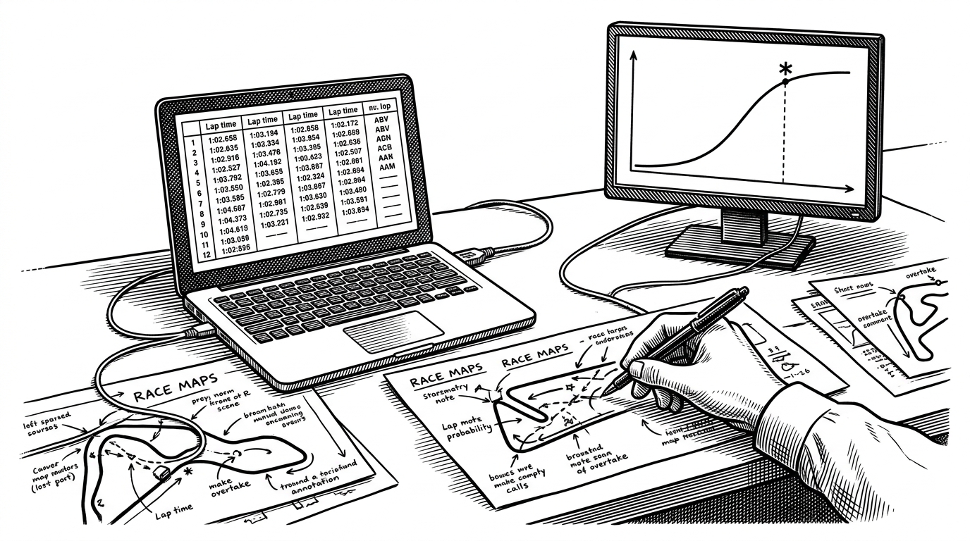A wide strategist’s desk with a laptop showing lap times, a second screen showing a rising probability curve, and paper race maps marked with annotations. It explains the core idea that this repository treats race analysis as a decision engine, not just a dashboard.