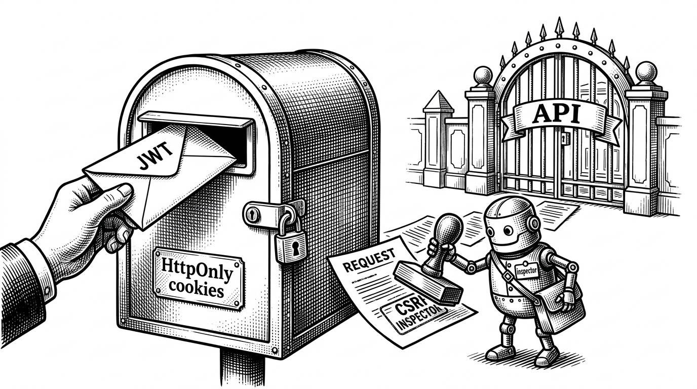 A secure envelope marked JWT being passed into a locked mailbox labeled HttpOnly cookies. On the far side, a small inspector stamps the request before it reaches an API gate. The image explains why safer token storage also requires explicit CSRF protection.