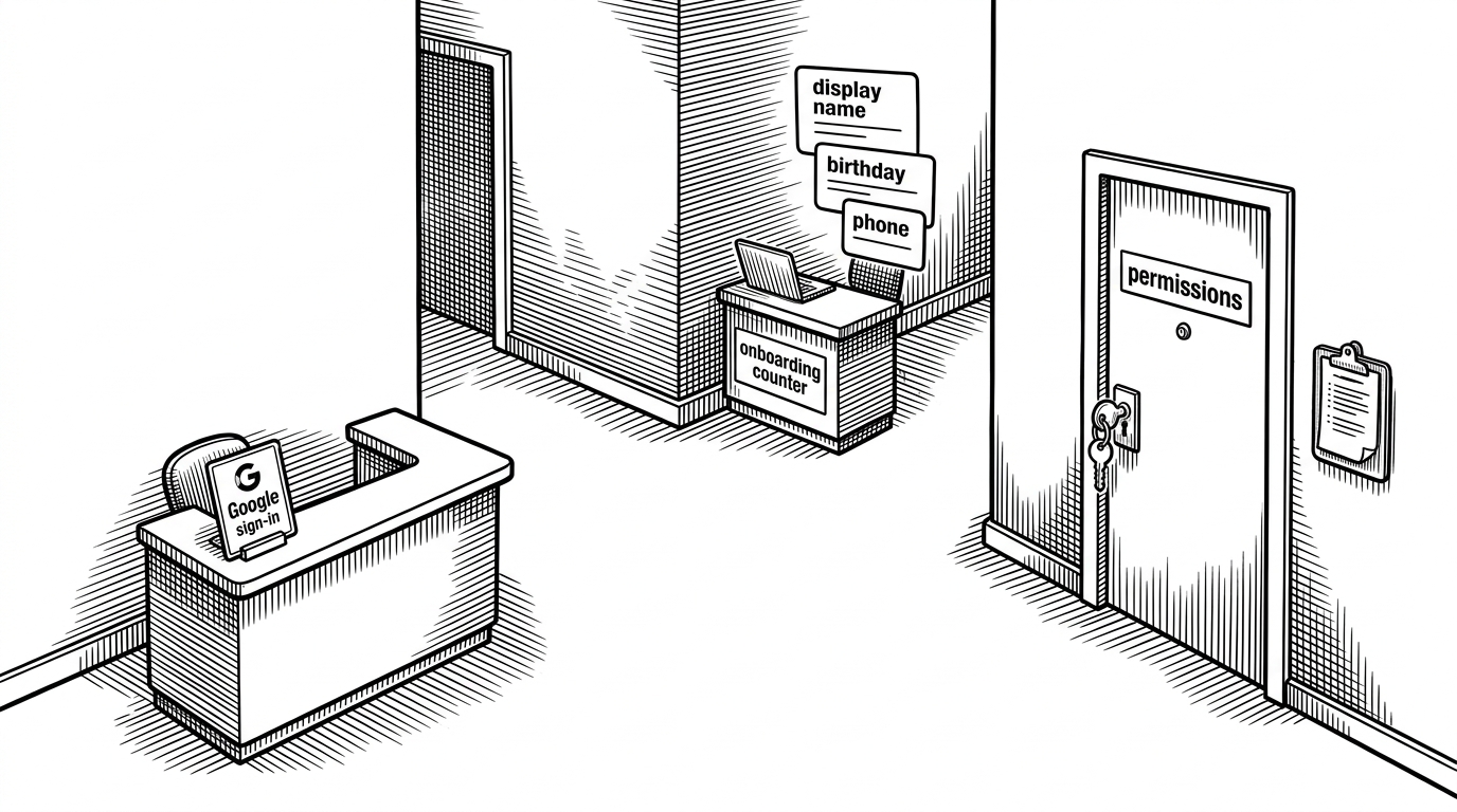 A rental office turned into a branching workflow. One path leads to Google sign-in, another to a small desk for missing profile details, and a third to a guarded permissions gate. The image explains that onboarding in RentApart is staged, not a single form submission.