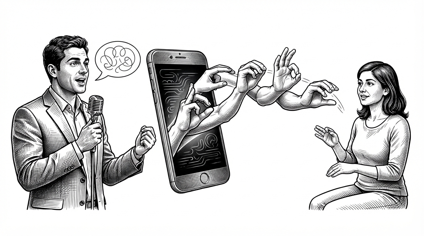 A speaker faces a Deaf or Hard of Hearing user across a clean, staged scene. Between them, a phone projects a sequence of 3D sign language gestures that act like a bridge, not a subtitle strip. The image explains Sanket as a mediator between spoken language and Indian Sign Language.