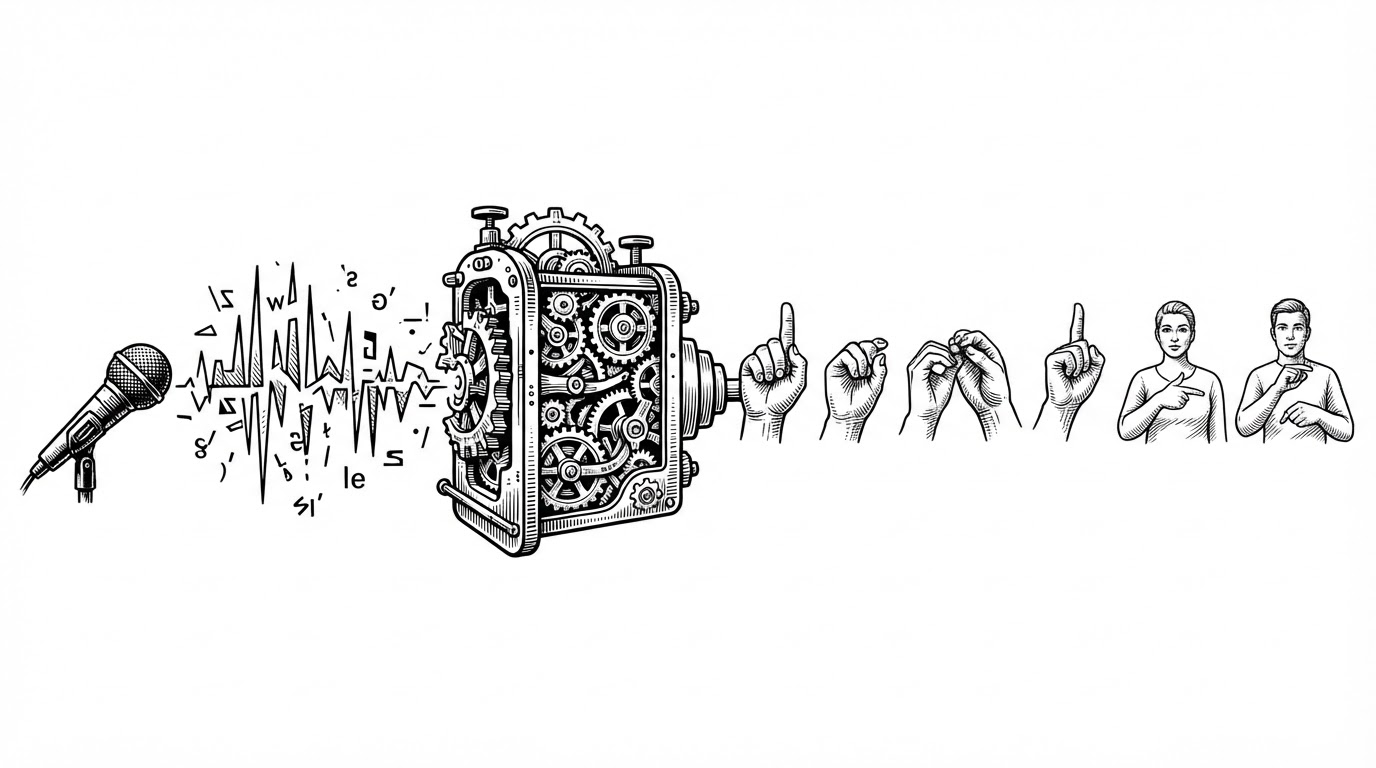 A compact pipeline shows speech entering one side of the system and emerging as a sequence of signed gestures on the other. The left side fragments language into smaller units, while the right side reassembles them into a coherent animation stream. The illustration explains how Sanket turns input into signed output.