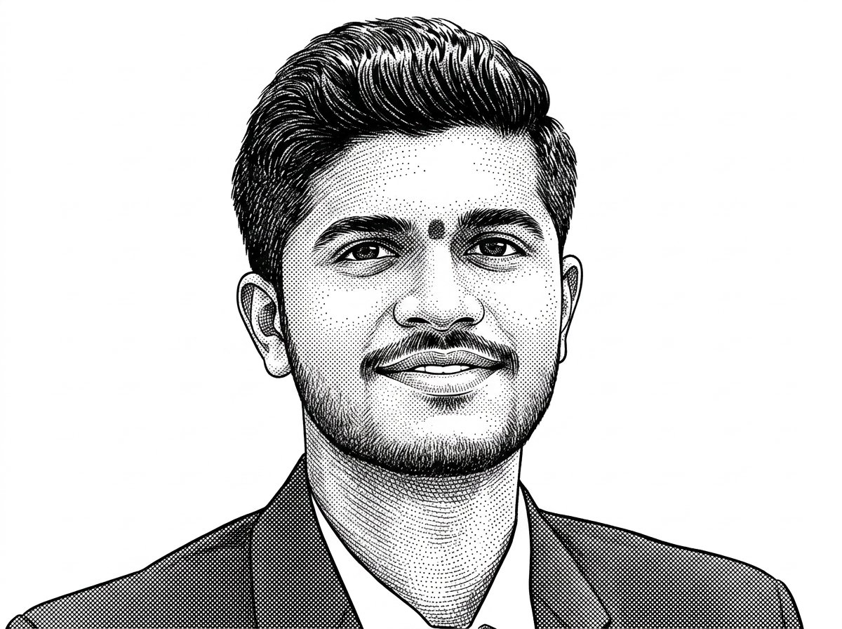 A WSJ hedcut-style portrait of Deepak Kumbhar based on his verified GitHub avatar. The portrait anchors the project in a real contributor and reinforces that RAILEASE was built by a small student team rather than a large product organization.