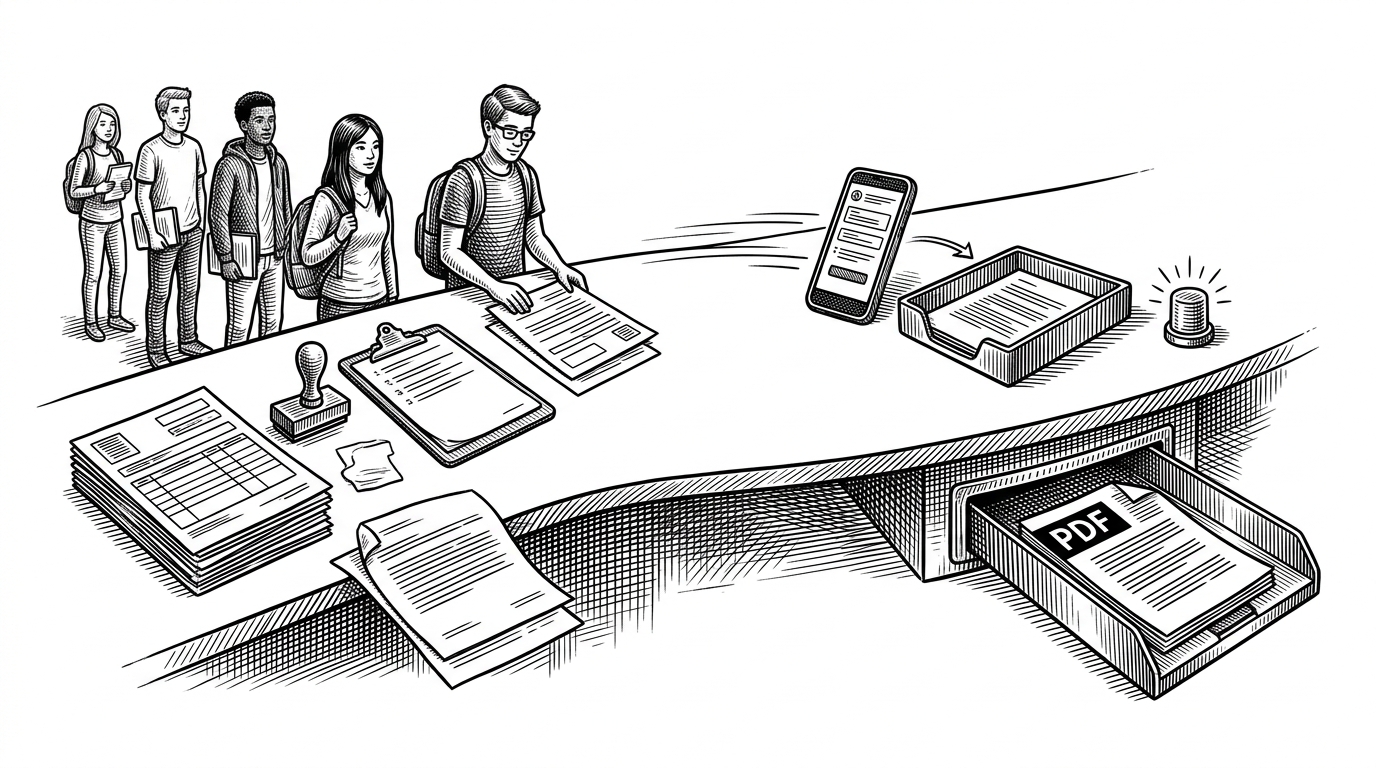 A wide editorial scene showing a campus concession counter split into two worlds. On one side are paper forms, a queue, a stamp, and a clipboard. On the other side are a phone, a document upload tray, a status indicator, and a printed PDF sliding into a tray. The image explains how RAILEASE replaces a manual ritual with a closed digital workflow.