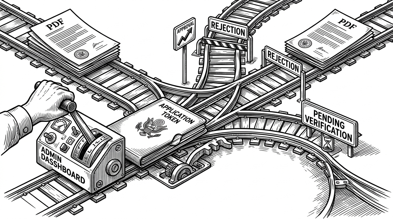 A close-up editorial scene of a single request token moving through a rail switch mechanism. One track leads to approval, one to rejection, and one to pending verification. At the end of the approved path sits a printed PDF sheet. The image explains that RAILEASE is a routing system with state transitions, not just a data-entry form.