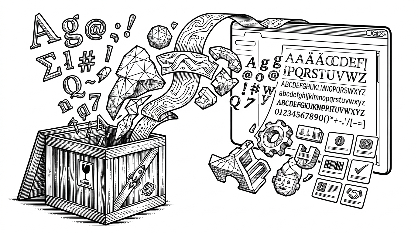 A medium editorial scene of extracted glyphs, mesh fragments, and shader strips moving from a sealed crate into a clean application window on a pure white background. A font specimen sheet is being rebuilt in mid-air, while a 3D mesh part and small metadata cards arrange themselves nearby. It explains that MIDA is not only reading game data, but reconstructing it into usable creative outputs.