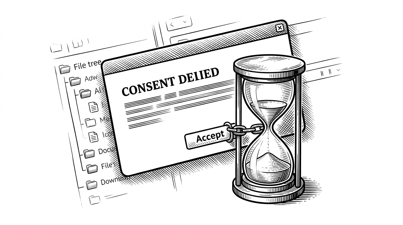 A close-up editorial scene of a consent dialog floating over a file tree on a pure white background. The Accept button is visible but blocked by a small hourglass and a chain-lock motif, which keeps the reader focused on the deliberate pause built into the tool. It explains the project's moral speedbump and how the UI shapes behavior before any export happens.