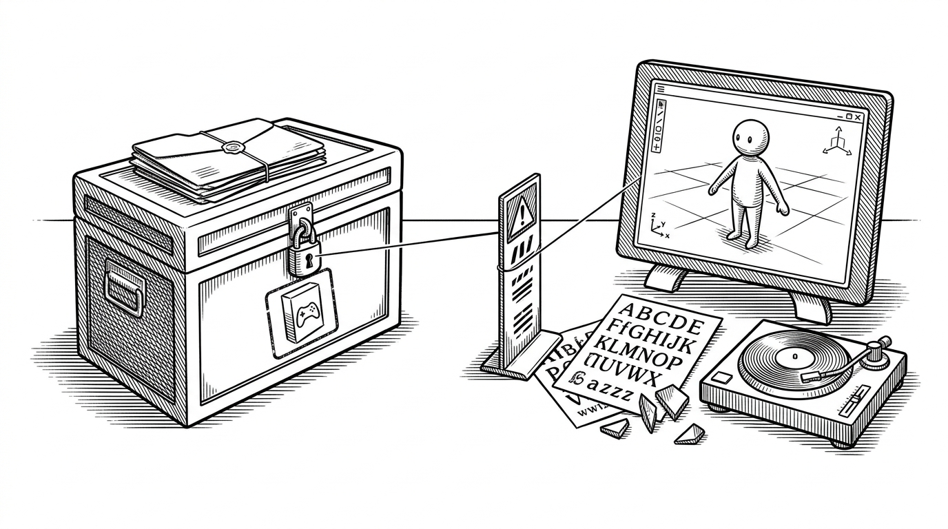 A black-ink editorial scene of a desktop workbench on a pure white background. A locked archive chest sits on one side, while artist tools, a 3D viewport frame, font sheets, and shader fragments sit on the other, with a narrow warning placard between them. It explains that MIDA is not just about extraction, but about translating game data into a controlled creative workflow.