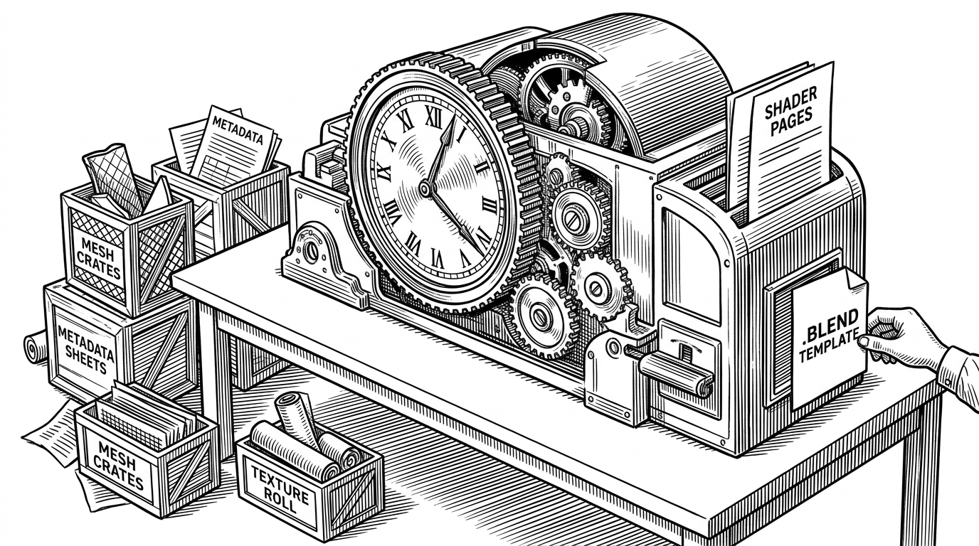 A wide editorial scene of a worktable where scattered game assets are being rebuilt into a coherent world. Crates of meshes, metadata, and textures arrive in disorder on the left, while a clean reconstructed environment emerges on the right as a hand slips a template shader library into a machine-like assembly. The image explains that the addon is translating a proprietary game pipeline into something Blender can use.