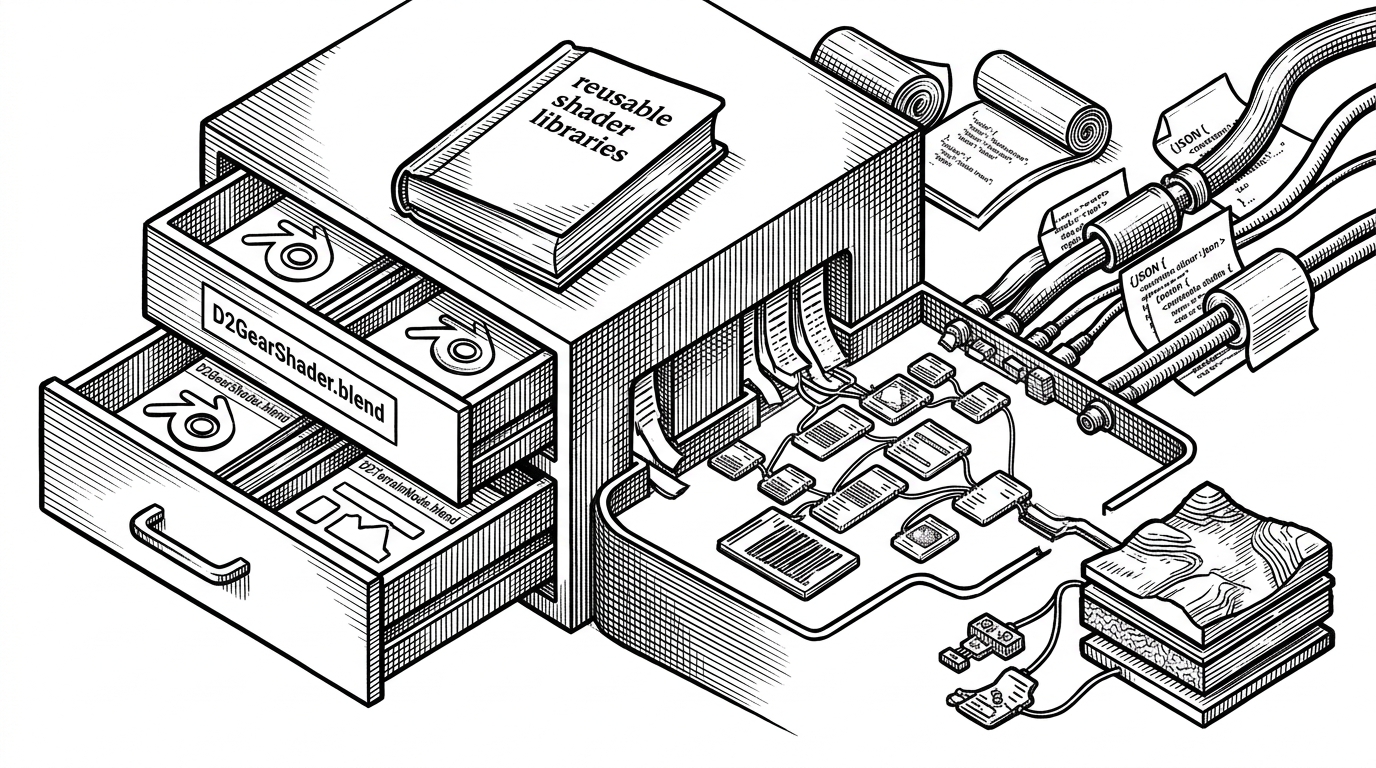 A close-up cutaway of a Blender node graph being plugged in from a template library. On one side sit reusable .blend shader libraries, and on the other side live data cables from JSON and textures feed into the templates to produce a finished material tree. The image explains how the addon avoids building every shader from scratch in Python.