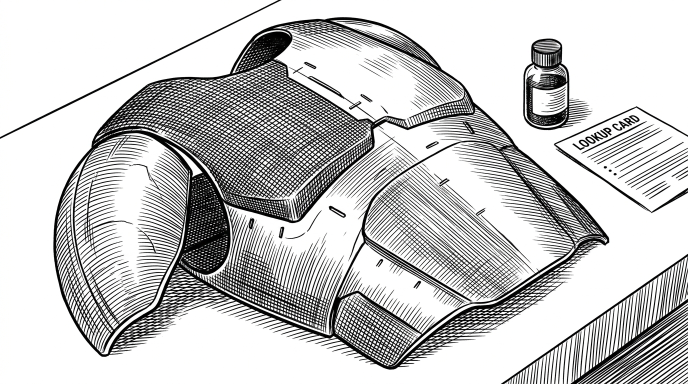 A futuristic armor chest plate sits on a clean workbench and is divided into distinct material zones. One section reads as matte fabric, another as brushed metal, and a third as an iridescent shell, with schematic mask lines and slot markers underneath to show that the look is assembled by rules rather than painted by hand.