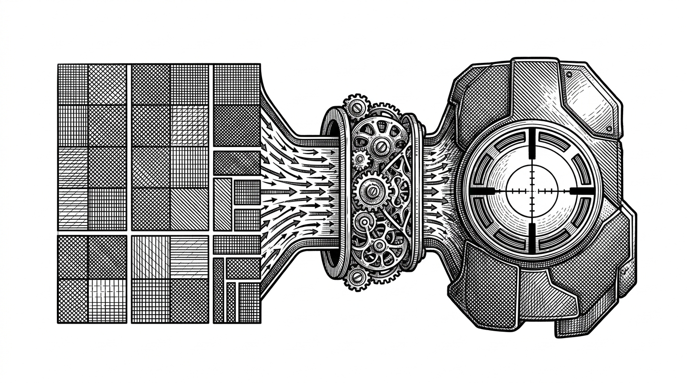 A technical split scene shows flat RGB mask regions on the left, a narrow pipeline of arrows through a lookup table and filtering gate in the center, and finished surface zones on the right. The final result is a set of crisp material boundaries on a weapon or armor panel, showing how mask data becomes distinct finishes.