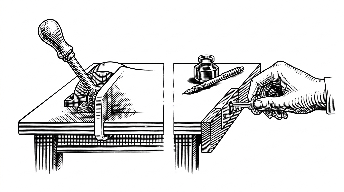 A close-up split workbench shows a risky action on one side with a direct send lever, and on the other side the same task broken into draft and commit stages with a human hand holding the commit key. The image explains why high-risk agent actions need separate approval boundaries.