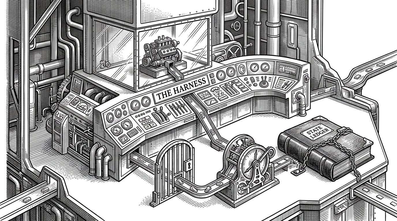 A wide control room with a central harness console routing model proposals through gates, validators, and a state ledger before anything reaches the outside world. The image explains that the runtime around the model owns authority, not the model itself.