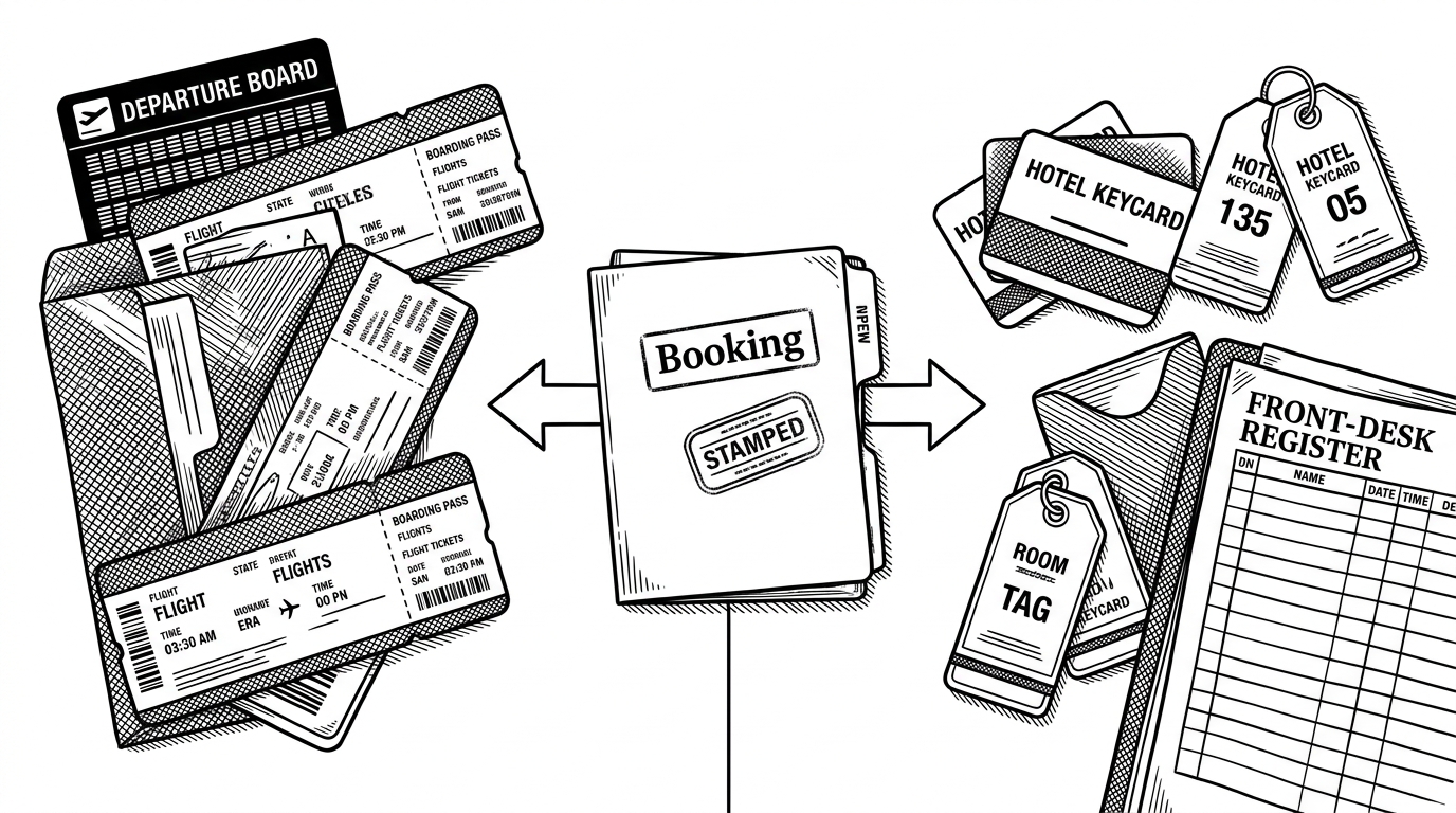 A split travel ledger on a white desk. On the left are flight tickets, boarding passes, and a departure board tab. On the right are hotel keycards, room tags, and a front-desk register. In the center sits one stamped Booking folder with two arrows branching to both sides. It explains how one data model can power two different travel products.