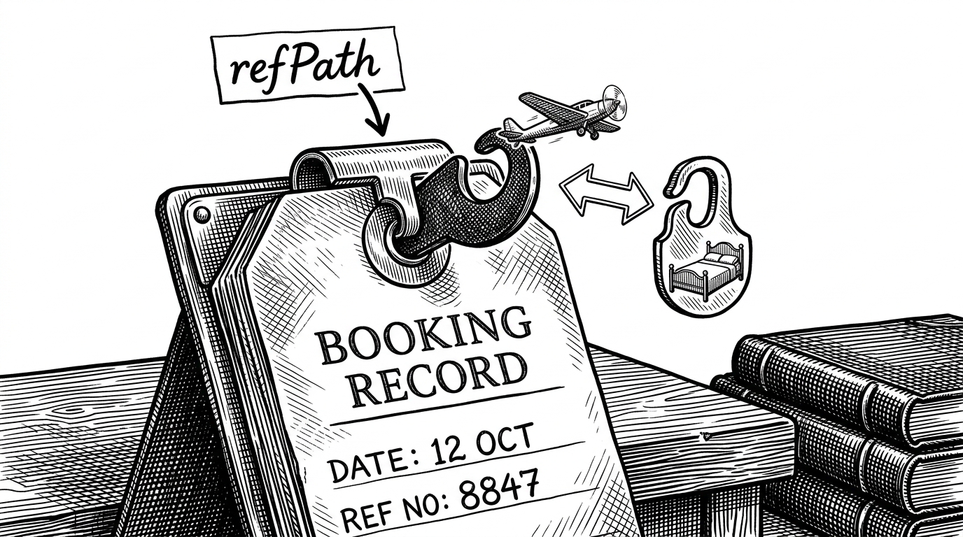A close-up of a single paper booking tag with two interchangeable hooks. One hook snaps onto a tiny airplane icon, the other onto a hotel bed icon. Above it, a hand-written refPath label points to the switching mechanism. It explains how one booking document can attach to different inventory types without separate schemas.